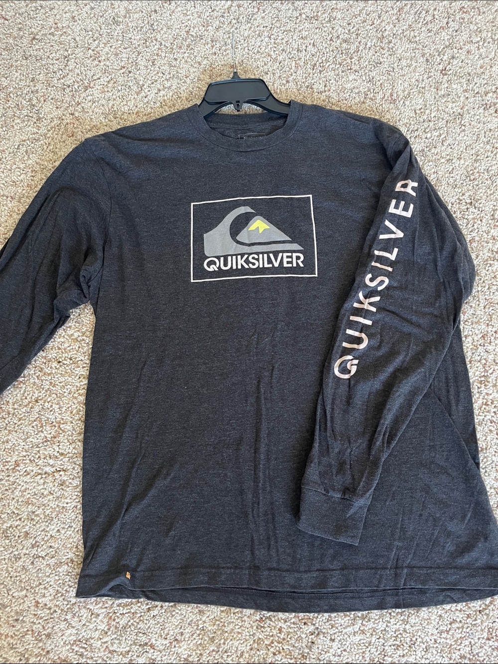 Mens Quiksilver Long Sleeve Logo Tee - Charcoal Grey White & Yellow Accent XL